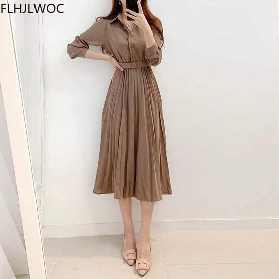 New Design Japan Style Women Chic Korea Basic Wear Casual Robe Solid Cotton Blend Vintage Long Maxi Shirt Dress Belt Vestidos