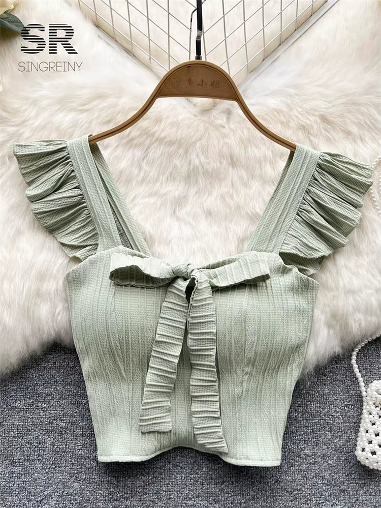 SINGREINY Summer Solid Ruffled Camis Women Square Neck Sleeveless Bow Elastic Waist Strap Top Ladies Sweet Korea Short Tank Top