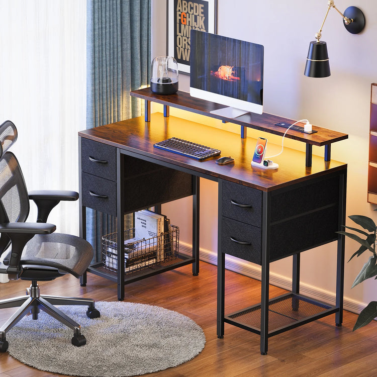 55.1" LED Gaming Desk with Drawers, Computer Desk with Outlets, Office Desk with 4 Drawers, Corner Desk, Writing Desk in Brown