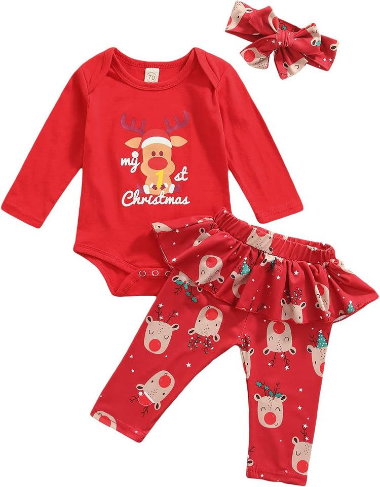 My First Christmas Toddler Baby Girl Boy Clothes Xmas Deer Outfit Striped Top T-Shirt Pant Trousers Girl Clothes Winter (My 1St Christmas, 3-6 Months)