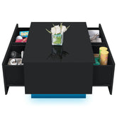 LED Coffee Table with 4 Drawers Center Cocktail Side Table Black High Gloss Finish.