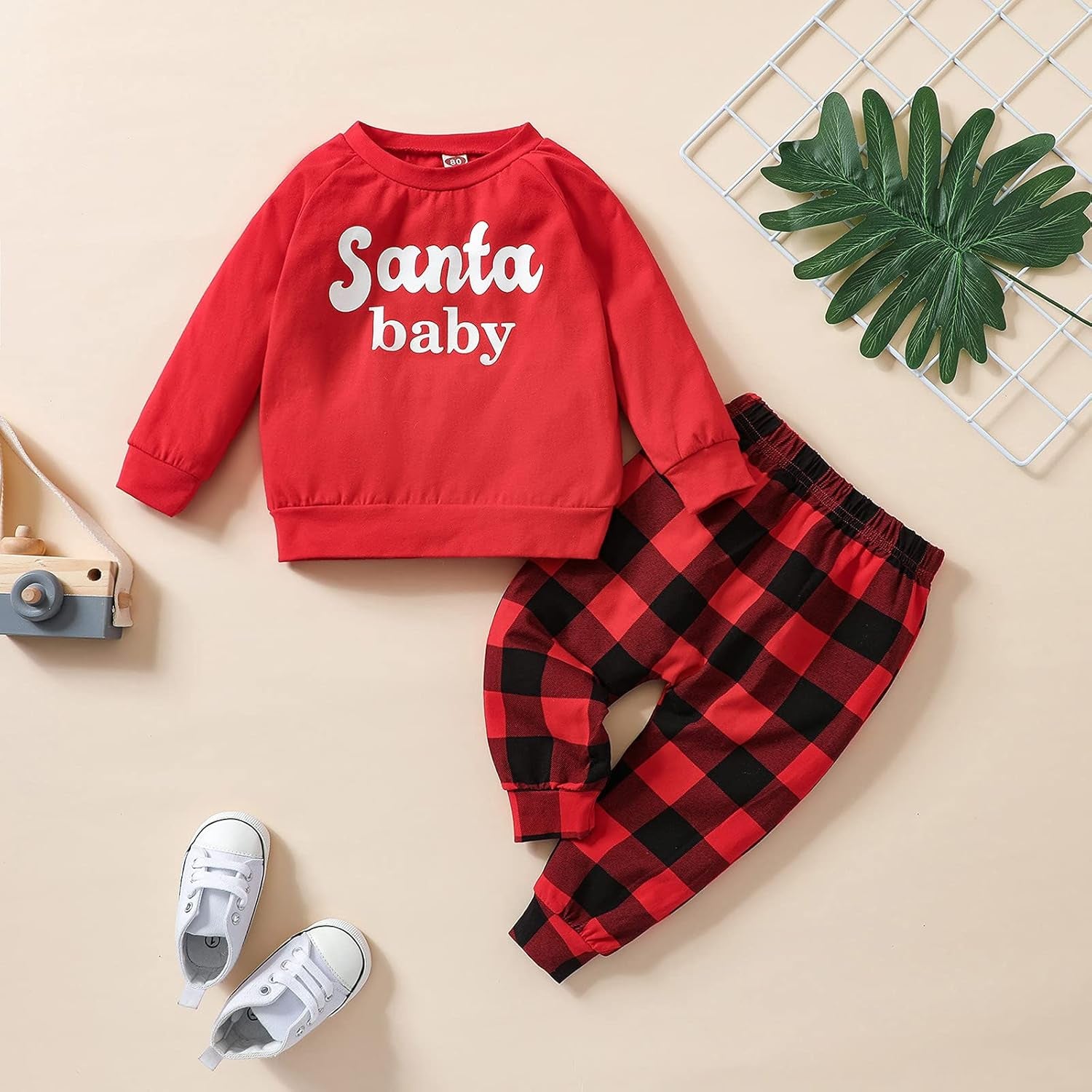 Baby Girls Christmas Outfit Infant Toddlers Girl Long Sleeve Santa Print Sweatshirt Plaid Pants Clothes Set (Red & Black Plaid, 18-24 Months)