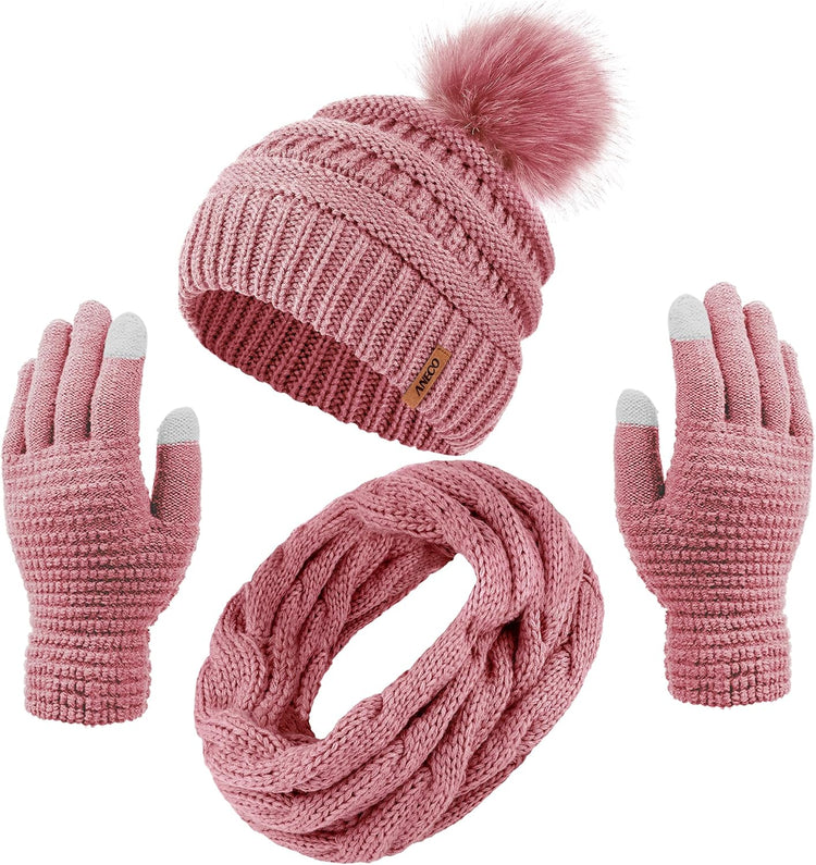 Womens Winter Warm Sets Knitted Fur Pompoms Beanie Hat Circle Loop Scarf Touch Screen Gloves Winter Favor Accessories