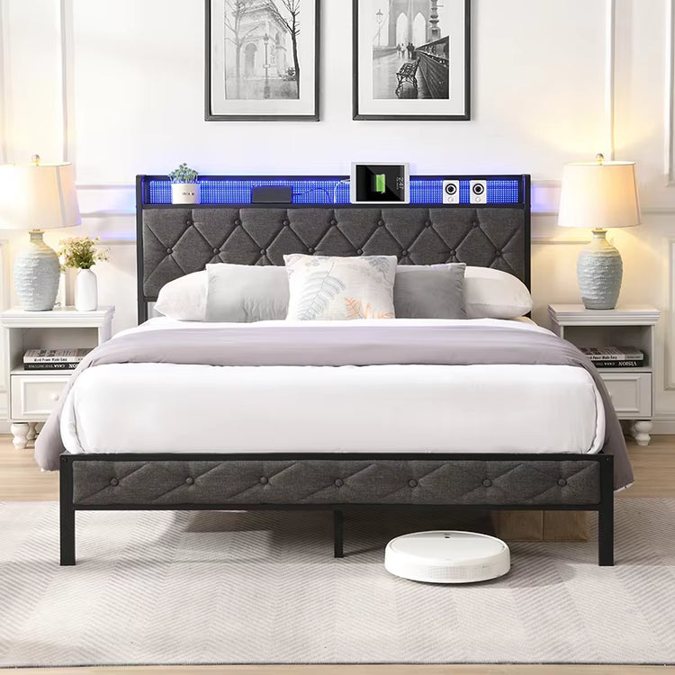 King Bed Frame with Storage Headboard, Charging Station and LED Lights, Upholstered Platform Bed with Metal Slats, Noise Free