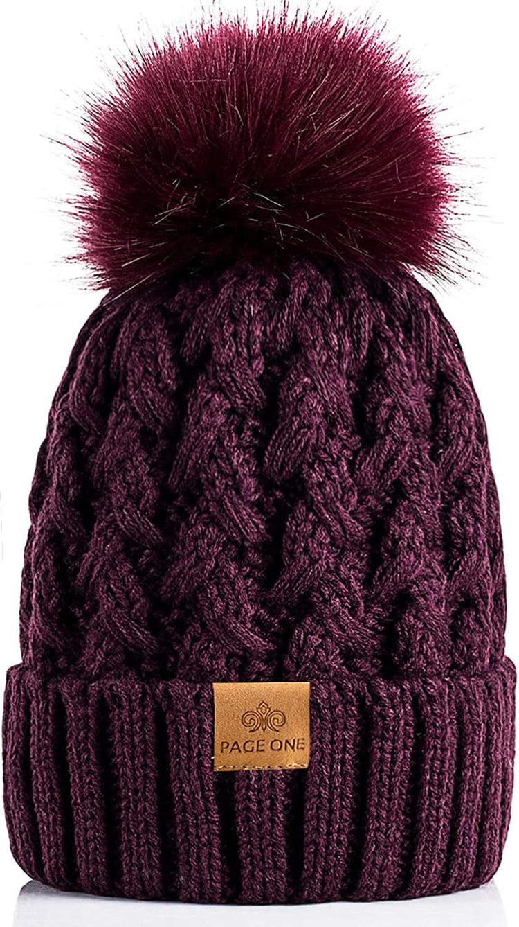 Womens Winter Ribbed Beanie Crossed Cap Chunky Cable Knit Pompom Soft Warm Hat