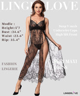 Women Sexy Lingerie Lace High Slit Maxi Long Gown Sheer Dress with Underwire S-4XL