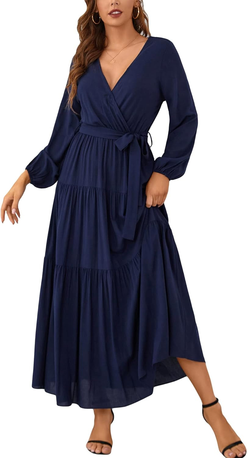 Womens V Neck Long Sleeve Casual a Line Tiered Fall Vintage Party Midi Long Maxi Dress with Belt