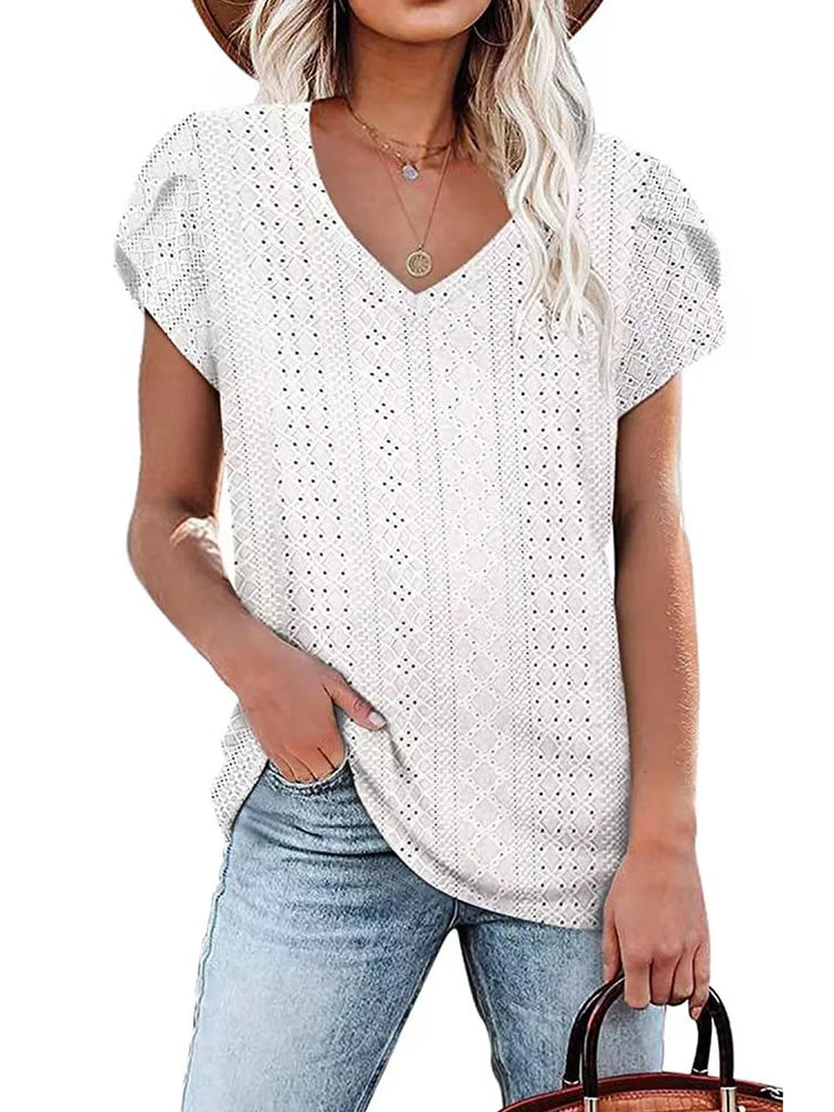 Women T-Shirts Summer Short Sleeve Tops Casual Ruffle Sleeve Tunic Tops Trendy V Neck Tops Loose Ladies Shirts Blouses Blue M