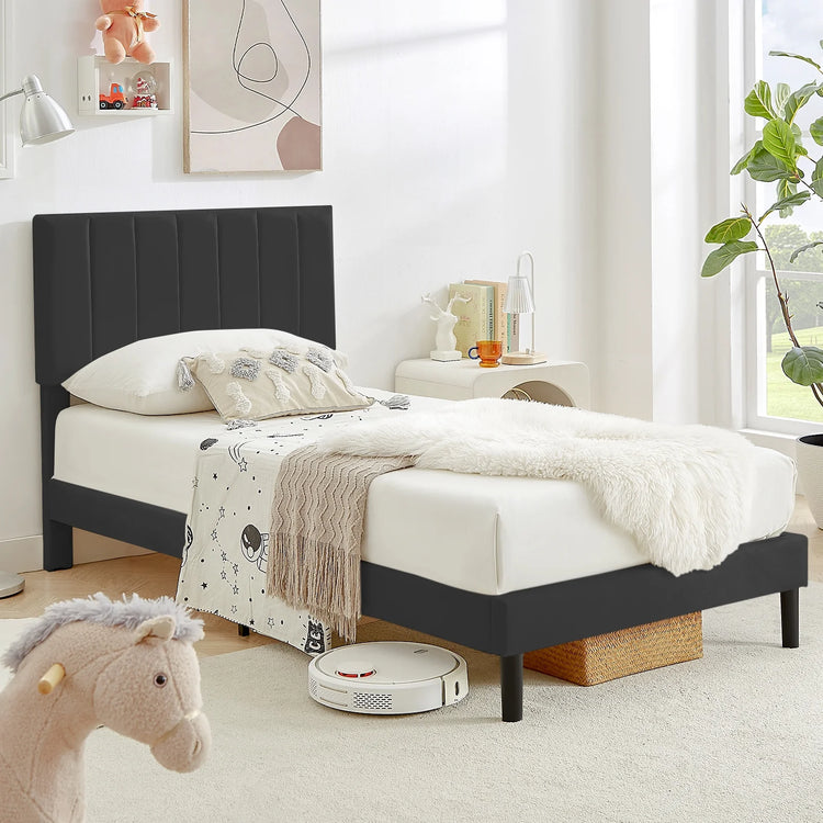 Queen Bed Frame Upholstered Bed Frame with Vertical Channel Tufted Complete High Headboard, Black.