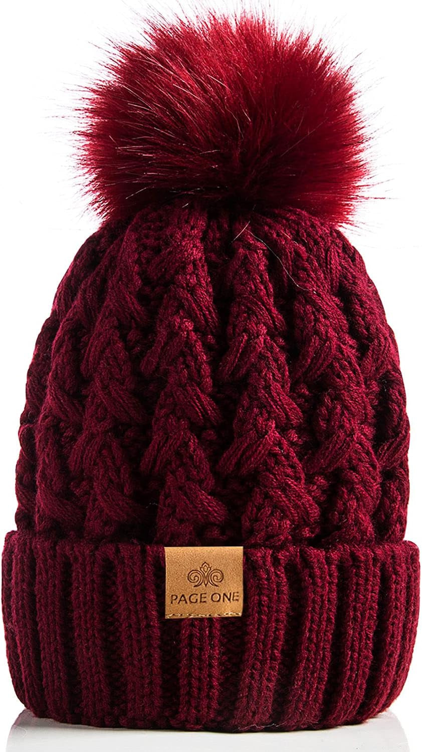 Womens Winter Ribbed Beanie Crossed Cap Chunky Cable Knit Pompom Soft Warm Hat