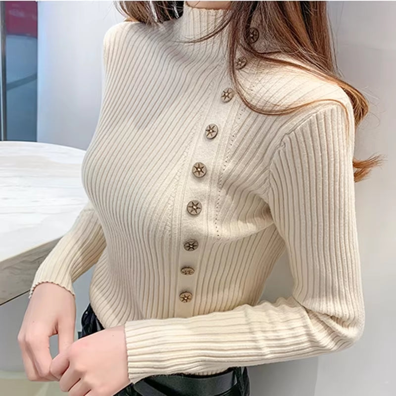 Women Knitted Winter Pullovers 2024 Fashion Long Sleeve White Black Sweaters Turtleneck Korean Clothes Elegant Pink Ladies Tops