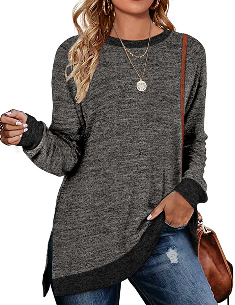 Sweatshirt for Women Long Sleeve Shirts Tunic Tops Color Block Crewneck Sweatshirts Side Split