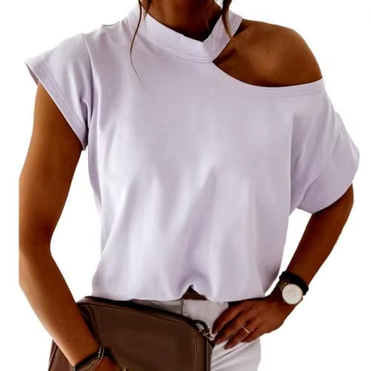 Hot Women Casual T-Shirt Short Sleeve One Shoulder Mock Neck Halter Loose Top Shoulder Mock Neck Halter Loose Tshirts Top