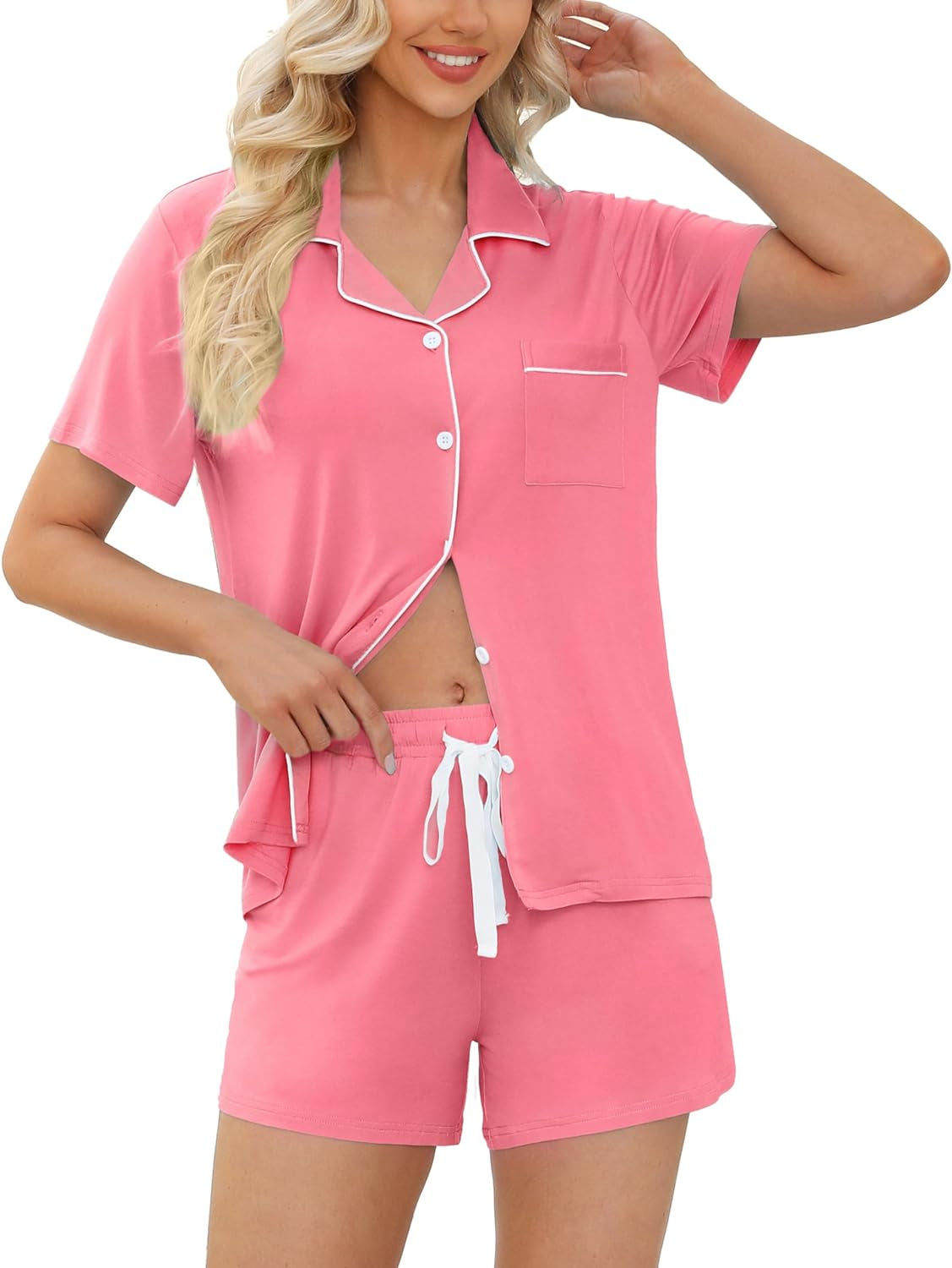 Womens Pajamas Set Short Sleeve Sleepwear Button down Nightwear Shorts Soft Pj Sets S-XXL