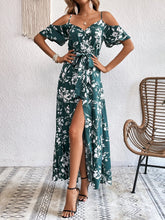 VCAY Summer Woman Floral Print Cold Shoulder Wrap Hem Belted Dress