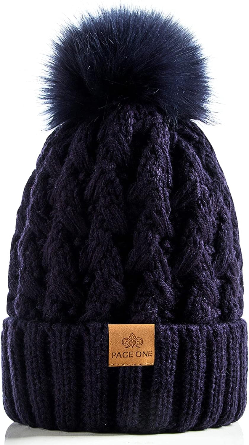 Womens Winter Ribbed Beanie Crossed Cap Chunky Cable Knit Pompom Soft Warm Hat