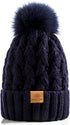 Womens Winter Ribbed Beanie Crossed Cap Chunky Cable Knit Pompom Soft Warm Hat