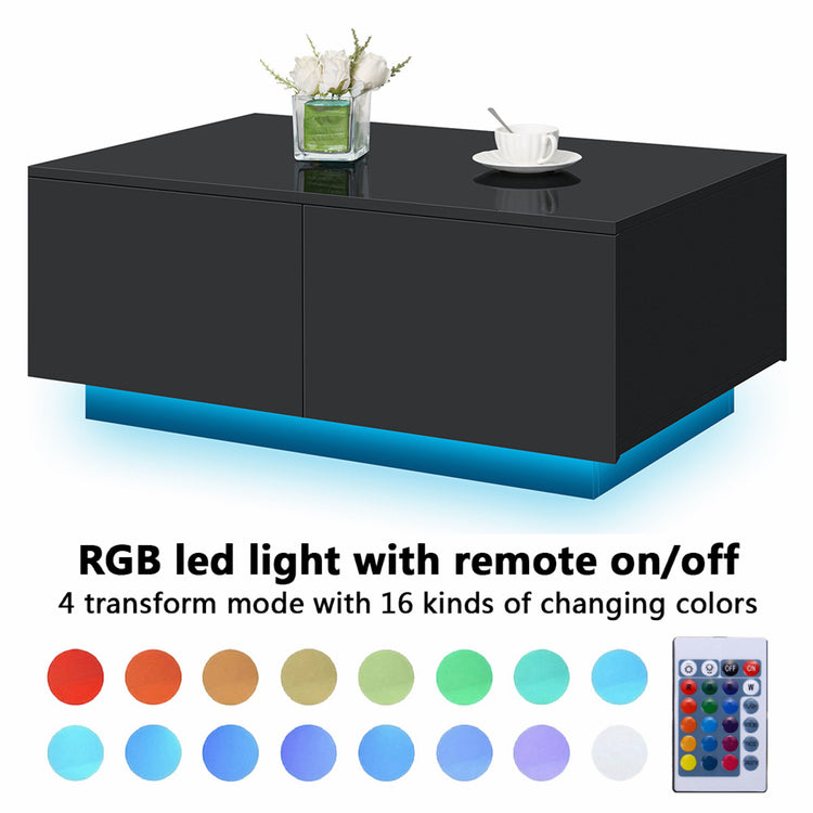 LED Coffee Table with 4 Drawers Center Cocktail Side Table Black High Gloss Finish.