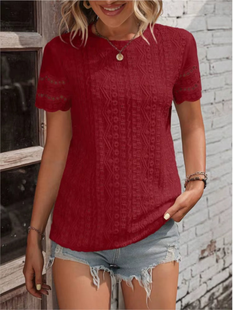 Women Solid Casual T-Shirt 2024 Summer Street Hollow Out Simple Loose Pullover Tops O-Neck Short Sleeve Blouse