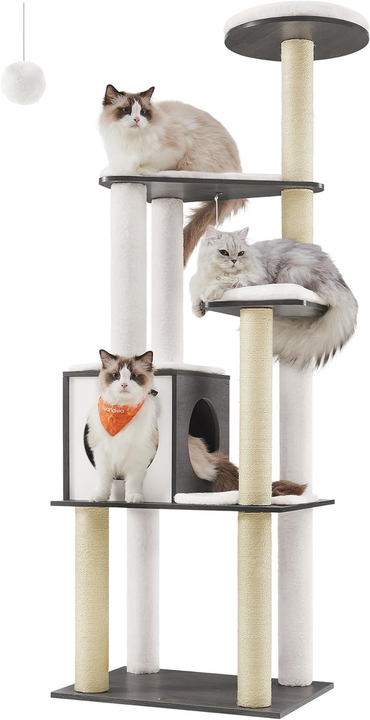 Woodywonders Cat Tree, 65-Inch Modern Cat Tower for Indoor Cats, Multi-Level Cat Condo with 5 Scratching Posts, Perch, Washable Removable Cushions, Cat Furniture, Rustic Brown UPCT166X01