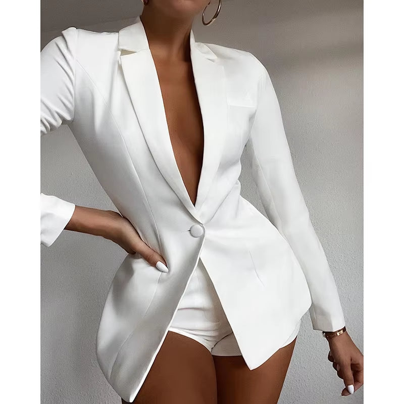 2021 Solid Elegant Two Piece Set Women Loose Cleavage Long Sleeve Low V-Neck Suit Top+Classy Slim Casual Go Out Wear Pants