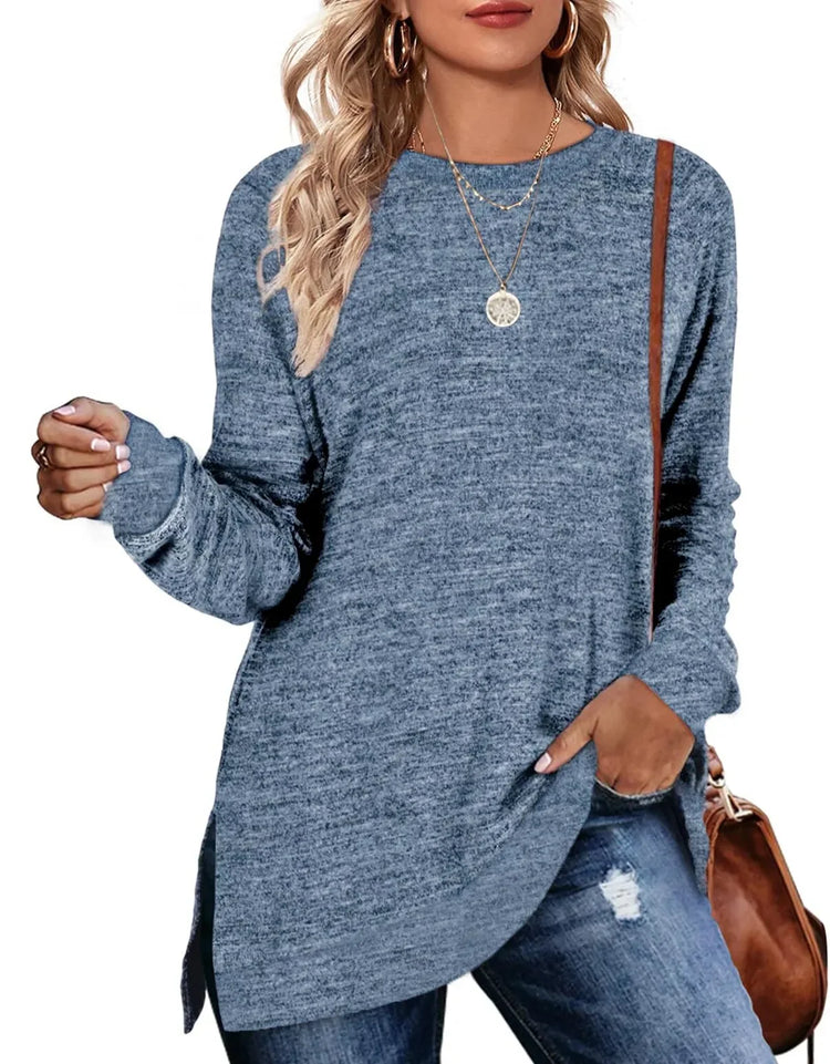 Sweatshirt for Women Long Sleeve Shirts Tunic Tops Color Block Crewneck Sweatshirts Side Split