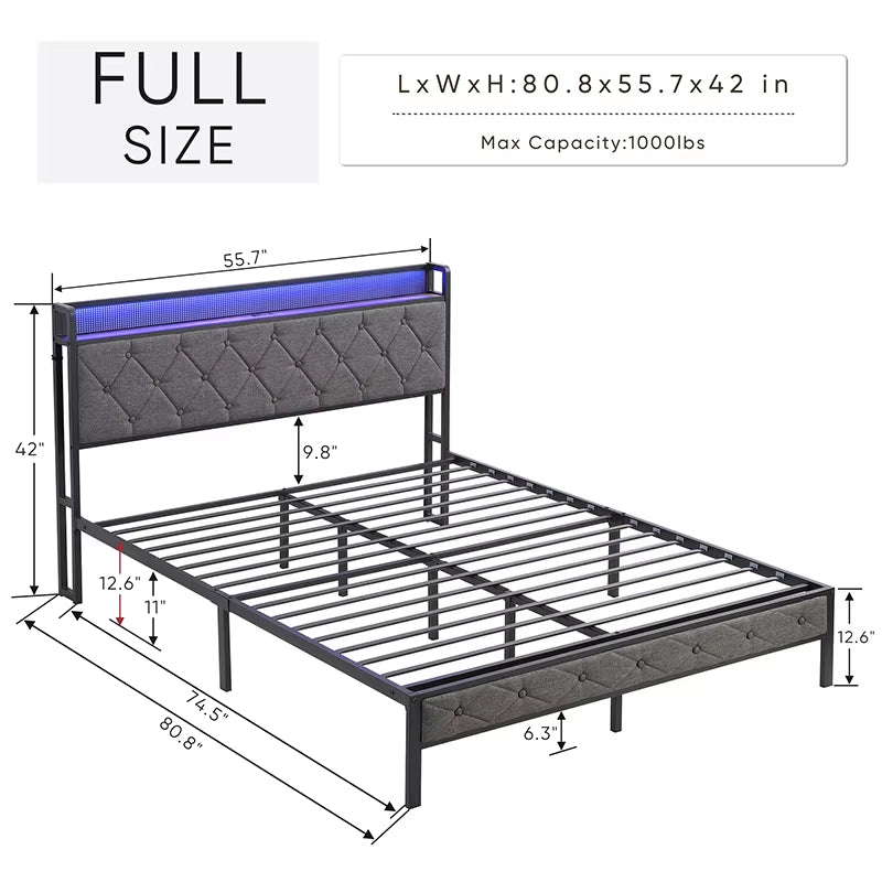 King Bed Frame with Storage Headboard, Charging Station and LED Lights, Upholstered Platform Bed with Metal Slats, Noise Free