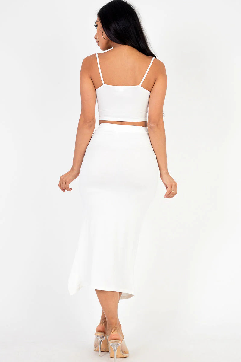 Cami Crop Top & Ruched Side Split Hem Midi Skirt Set (CAPELLA)