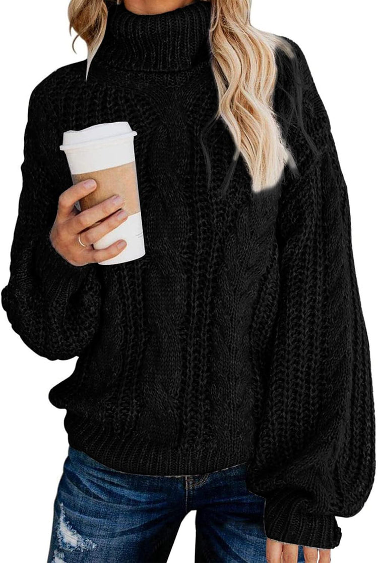 Chic Ballon Sleeve Winter Turtleneck Chunky Sweater Slouchy Oversized Loose Pullover Outerwear Warm Thick