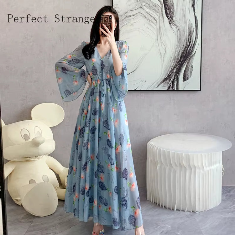 2024 New Arrives Long Sleeve Floral Print Dress Boho Dresses Large Size Women Beach Party Garden Maxi Dress Vestidos Hot Selling