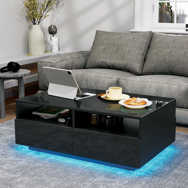 LED Coffee Table with 4 Drawers Center Cocktail Side Table Black High Gloss Finish.