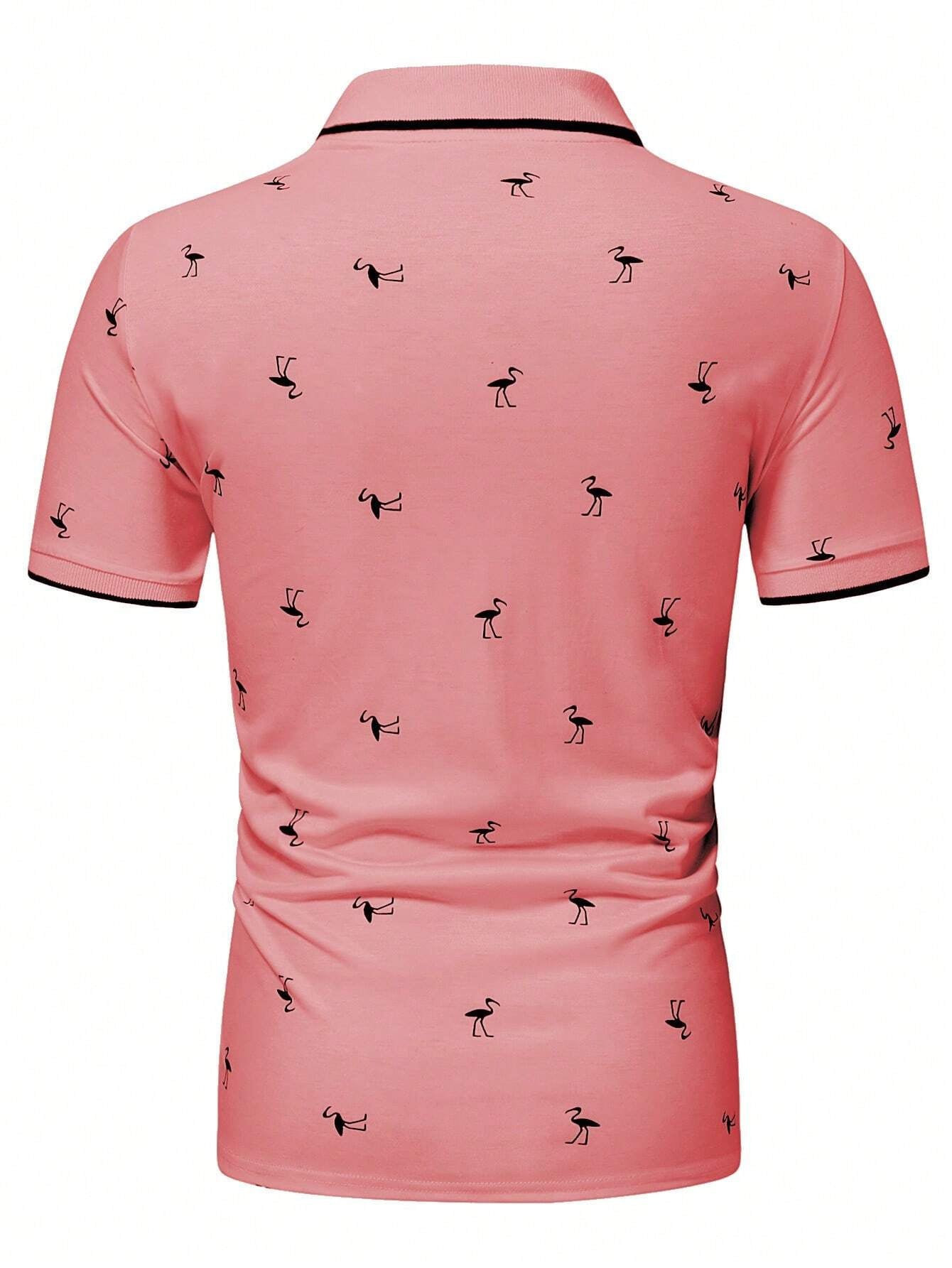 Manfinity Homme Men Tropical Print Contrast Trim Polo Shirt , Button up Collar Light Pink Polo Shirt , Work Business Casual Boyfriend Gift