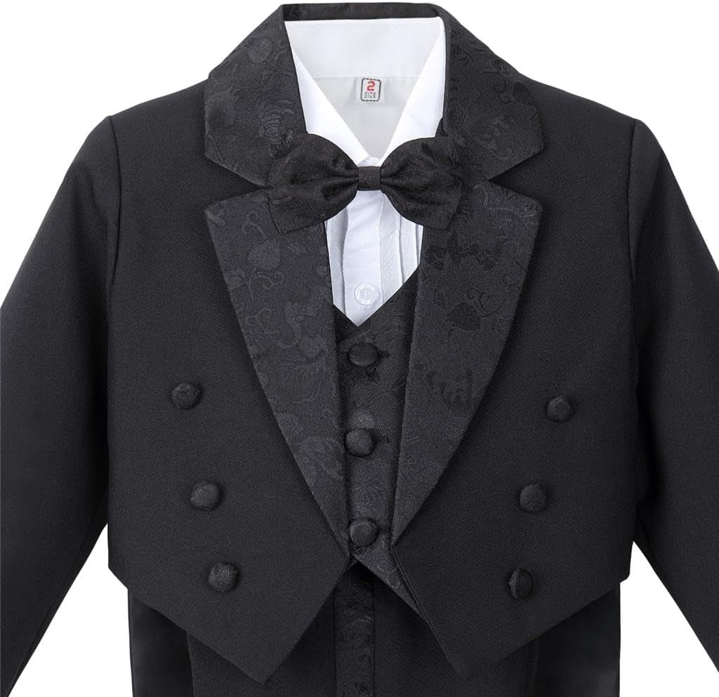 Boys Classic Fit Tuxedo Suit 5 Pieces Set Formal Wear Wedding Outfit with Vest, Black/White 011