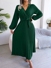 Women Spring Summer Cross Solid Color V Neck Large Hem Pleated Long Dress for Fashion