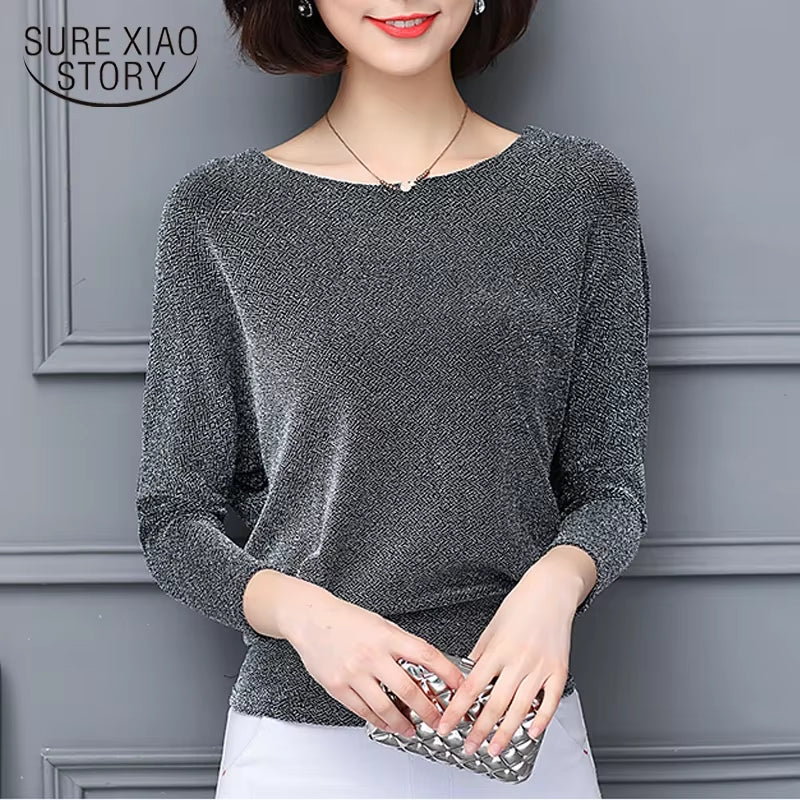 Fashion New Elegant Shiny Sequin Blouse Glitter Shirt Tops Tunic Women Classic Black Blue Shine Women&