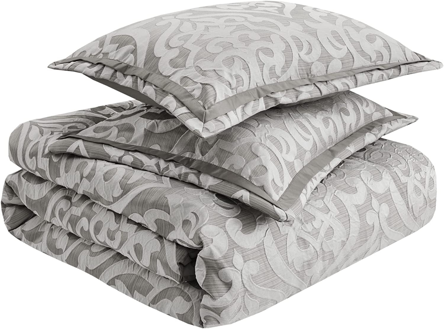 Tesla Cozy Comforter Set Jacquard Damask Medallion Design - All Season down Alternative Bedding, Shams, Bedskirt, Decorative Pillows, Queen, Silver 6 Piece