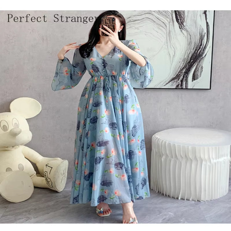 2024 New Arrives Long Sleeve Floral Print Dress Boho Dresses Large Size Women Beach Party Garden Maxi Dress Vestidos Hot Selling