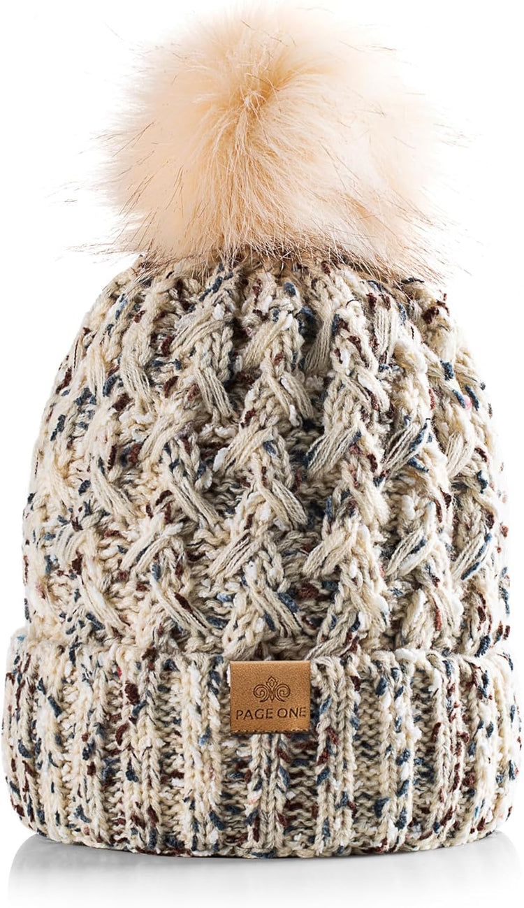 Womens Winter Ribbed Beanie Crossed Cap Chunky Cable Knit Pompom Soft Warm Hat