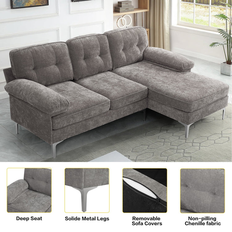 Convertible Sectional Sofa Couch, L-Shaped Couch with Reversible Chaise Lounge, Chenille Fabric Modern Sofa for Living Room, Apartment, Office, 3 Seats, Gray.