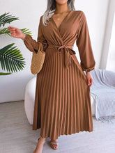 Women Spring Summer Cross Solid Color V Neck Large Hem Pleated Long Dress for Fashion