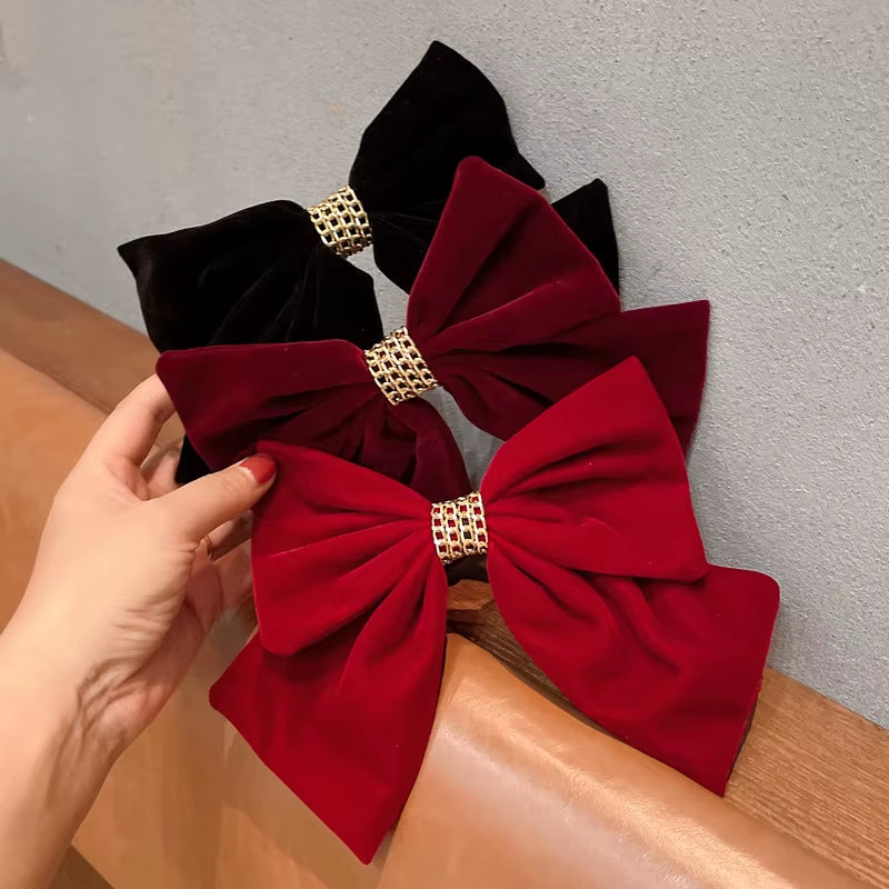 Winter Red Velvet Chain Big Bow Barrette for Woman Girls Back Head Headdress Korean Top Clip Hairpin Bridal Hair Accessories