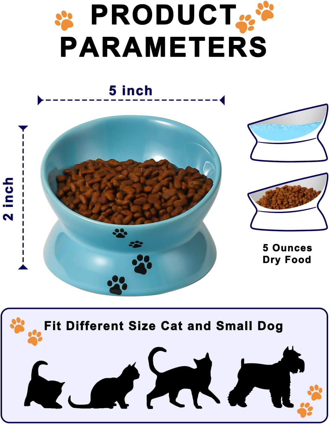 Elevated Cat Food Bowl, Ceramic Raised Cat Bowl, Tilt Angle Protect Cat&