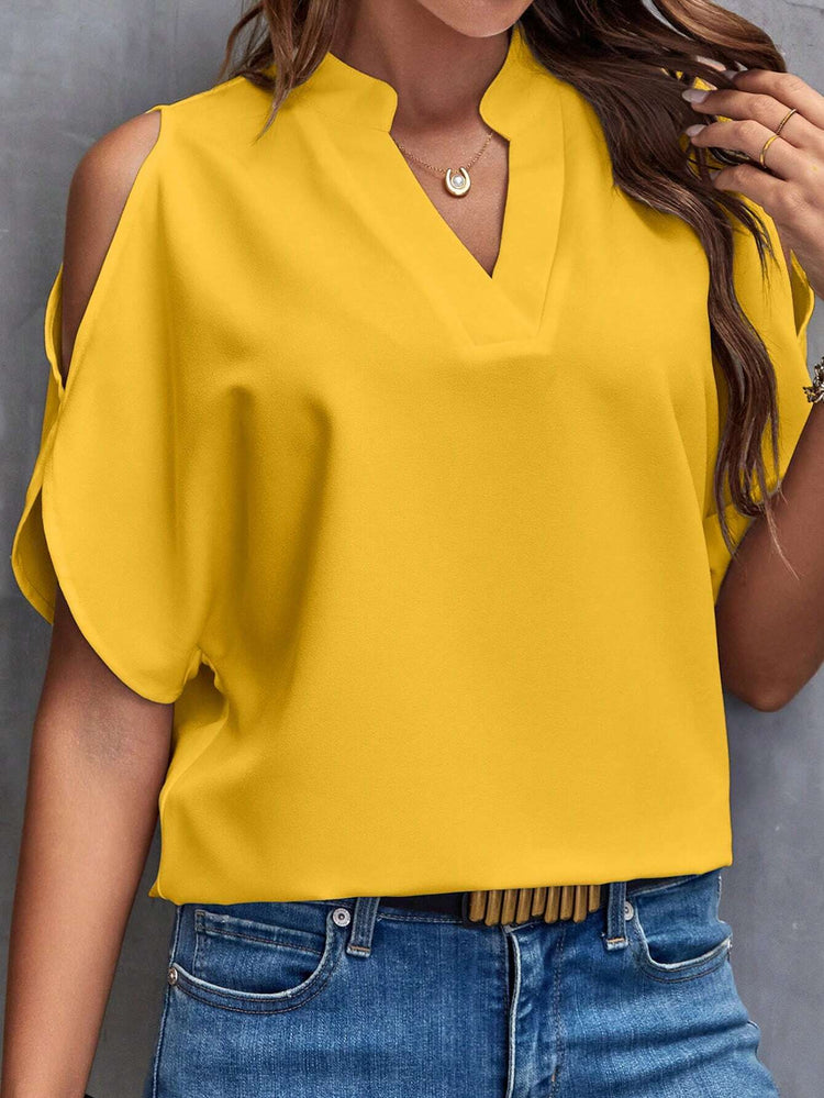 LUNE Solid Cold Shoulder Split Sleeve Popover Blouse