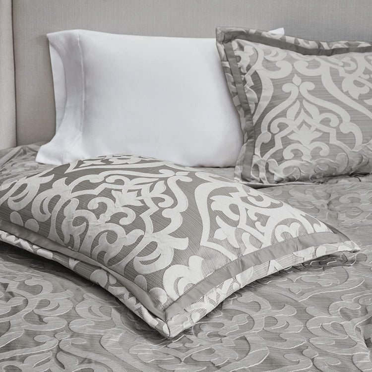 Tesla Cozy Comforter Set Jacquard Damask Medallion Design - All Season down Alternative Bedding, Shams, Bedskirt, Decorative Pillows, Queen, Silver 6 Piece