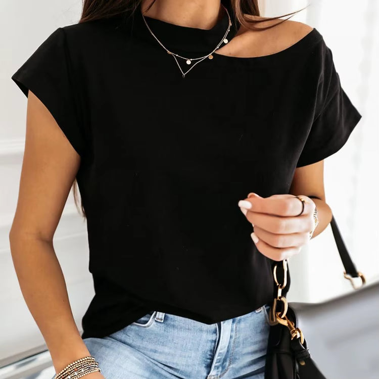 Hot Women Casual T-Shirt Short Sleeve One Shoulder Mock Neck Halter Loose Top Shoulder Mock Neck Halter Loose Tshirts Top