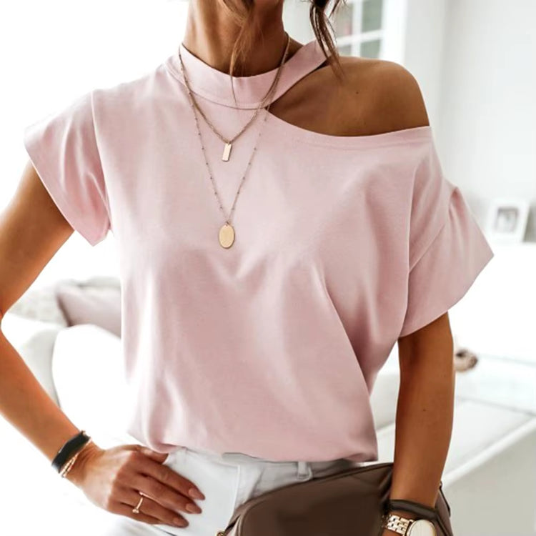 Hot Women Casual T-Shirt Short Sleeve One Shoulder Mock Neck Halter Loose Top Shoulder Mock Neck Halter Loose Tshirts Top