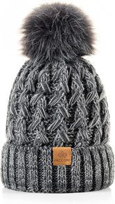 Womens Winter Ribbed Beanie Crossed Cap Chunky Cable Knit Pompom Soft Warm Hat