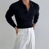 Lapel Button Long Sleeve Polo Shirt Slim Fashion Solid Striped Knitted Bottoming Shirt Top Men&