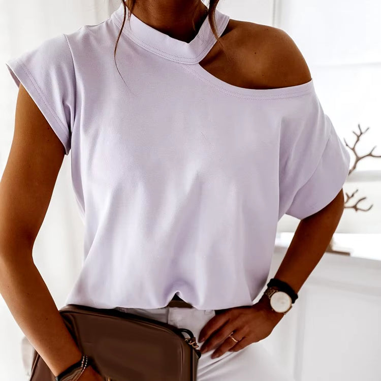 Hot Women Casual T-Shirt Short Sleeve One Shoulder Mock Neck Halter Loose Top Shoulder Mock Neck Halter Loose Tshirts Top