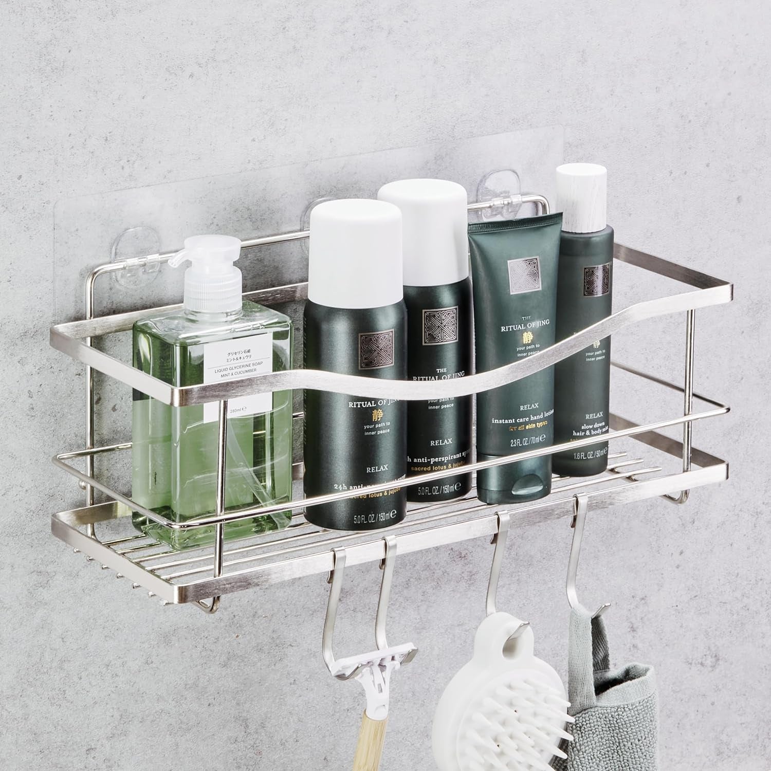 Premium Shower Caddy - Adhesive Bathroom Shower Organizer and Storage W/ 4 Hooks, No Drill Shower Shelves for inside Shower, Rustproof Stainless Steel Shower Rack, Accessories Holder, Black